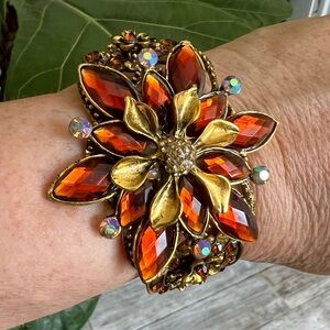 Autumn Flower Cuff Fall Costume Jewelry Bracelet Orange Golden Brown